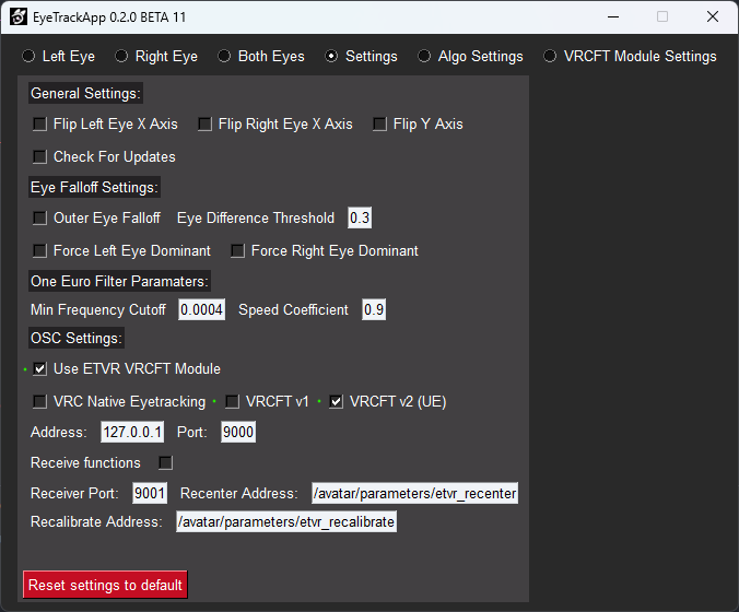 Screenshot showcasing the settings page of ETVR, explaining how to setup the VRCFT module