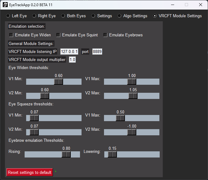 Screenshot showcasing the settings page of ETVR, explaining how to reset the ETVR Module