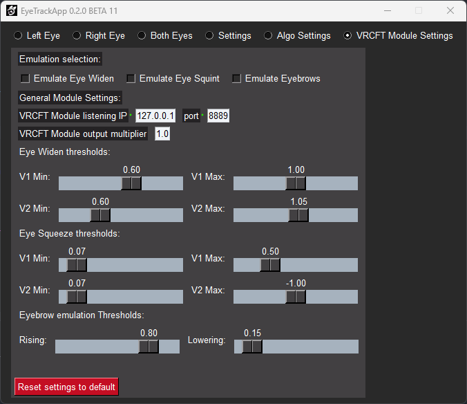 Screenshot showcasing the settings page of ETVR, explaining how to setup ETVR to talk to a different PC