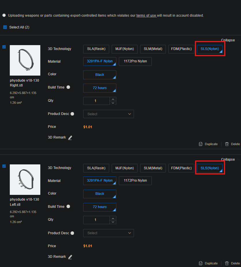 JLC3DP upload screen with the recommended EyeTrackVR print settings