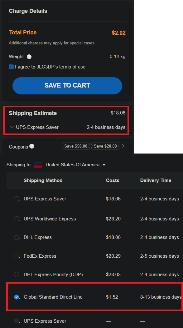 JLC3DP shipping options with global standard direct line selected