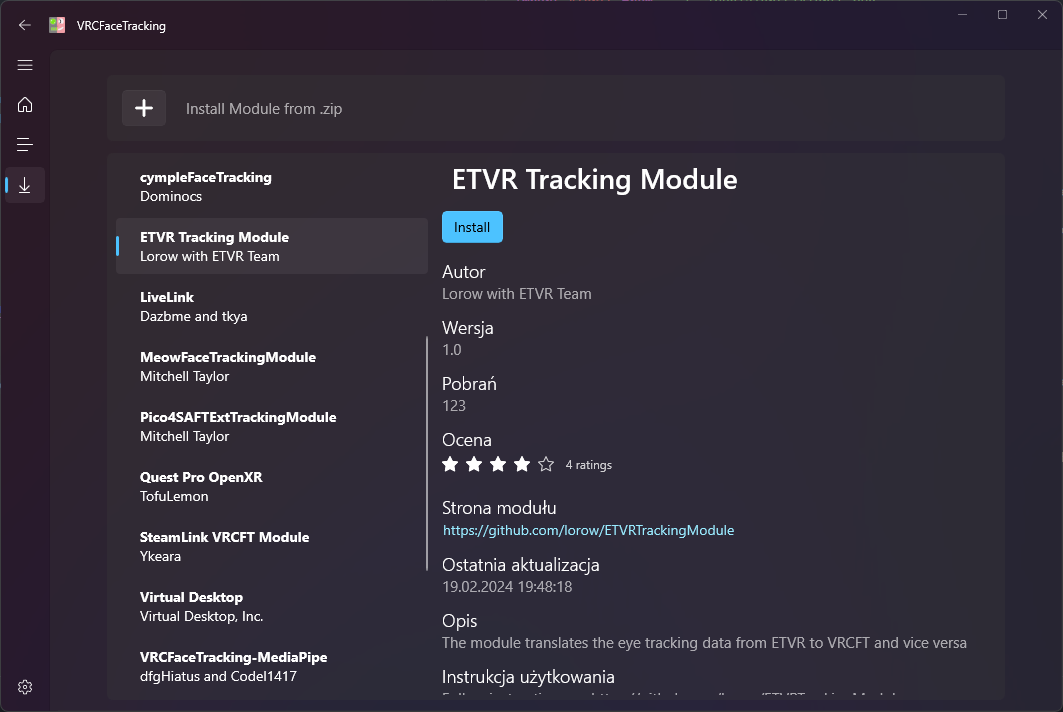 Screenshot showcasing the VRCFT module registry, with ETVR Tracking Module selected