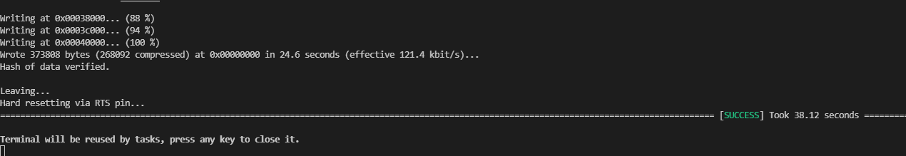 Successful firmware upload output in the Visual Studio Code terminal
